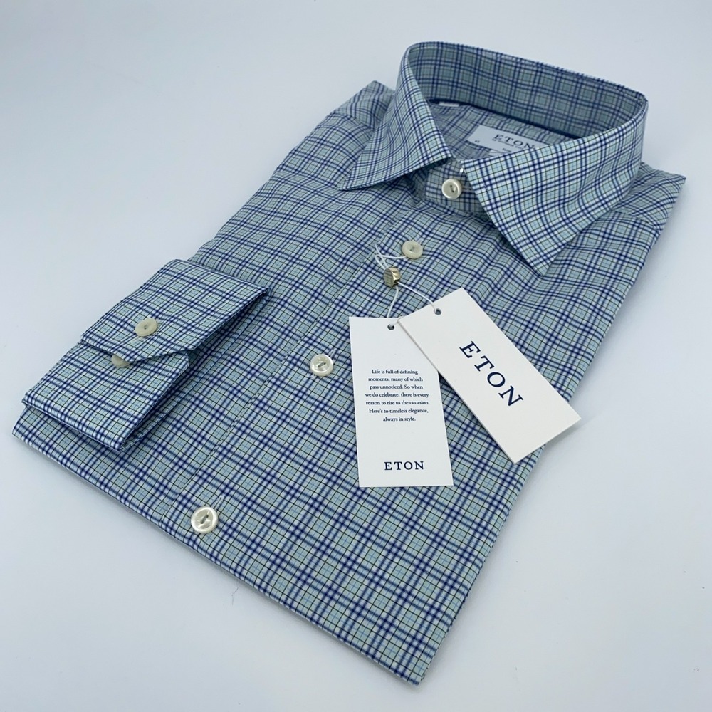 Eton Dress Shirt Mens XL 17 - 43 Colorful Plaid‎ Fine Twill Slim Fit Button Up